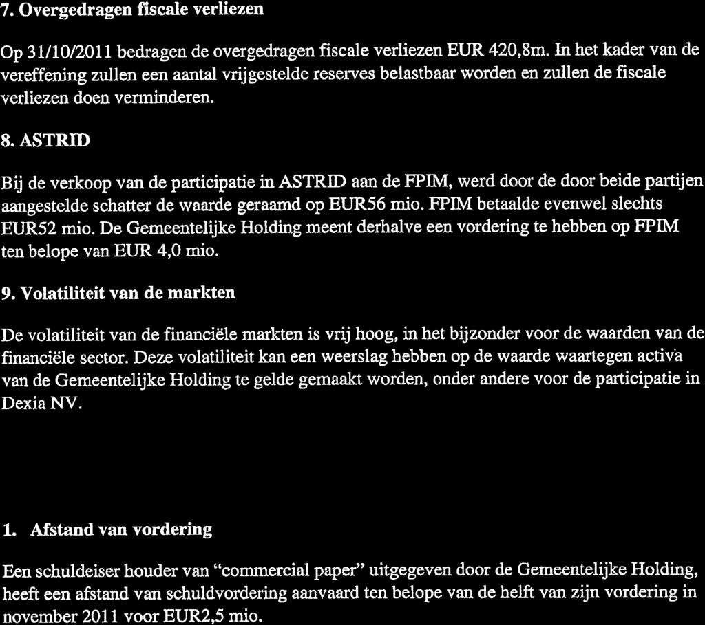 7. Overgedragen lïscale verliezen Op3lll0l2011 bedragen de overgedragen fiscale verliezen EUR 420,8m.