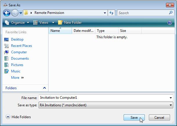 Het "De uitnodiging als een bestand opslaan" scherm verschijnt. Klik op Bladeren. Vind de gedeelde Externe toestemming map, en noem het bestand Uitnodiging aan Computer1.