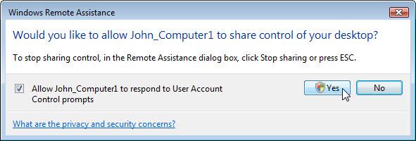Stap 9 Vanaf Computer2, klik op de Sta John_Computer1 toe om te reageren op controle vragen van de Gebruikersaccount checkbox.