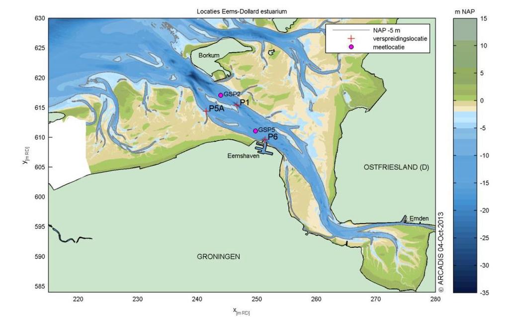 2/7 Figuur 1: Ligging van verspreidingslocatie P1 en meetpunten GSP2 en GSP5 (Arcadis, 2013). Figuur 2: Gemeten en berekende slibconcentratie op locatie GSP5 nabij Eemshaven.