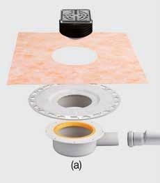 Schlüter -KERDI-DRAIN-BASE Montagevoorbeeld (a) a Afvoerbehuizing b Overgang DN 40 naar DN 50 c Dunbed-opzetstuk d Schlüter -KERDI-manchet e Rooster in roestvast staal met voet en geïntegreerde