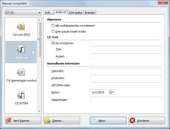 Audio-cd en audiobestanden 5.1.2 Opties definiëren 5.1.2.1 Audio-cd-instellingen Het tabblad Audio-cd biedt opties voor het instellen van de audio-cd.