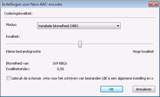 Audio-cd en audiobestanden 5.5.5 Coderingsopties Nero AAC Nero Burning ROM kan audiobestanden coderen in de indeling Nero AAC Audio.