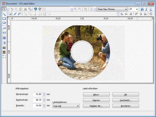 LightScribe 9.2 Het venster CD Label Editor In het venster CD Label Editor kunt u een label maken of laden.