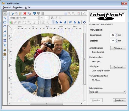 Labelflash 10.1 Het venster Label branden In het venster Label branden kunt u een label maken of laden en het op Labelflash-dvd schrijven.
