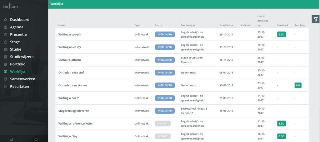 Werklijst (Module Digitaal Leren en Lesgeven) In het linker menu onder deze tab zie ik een overzicht van alle taken vanuit studiewijzers/stagewijzers en huiswerk die voor mij bestemd zijn.