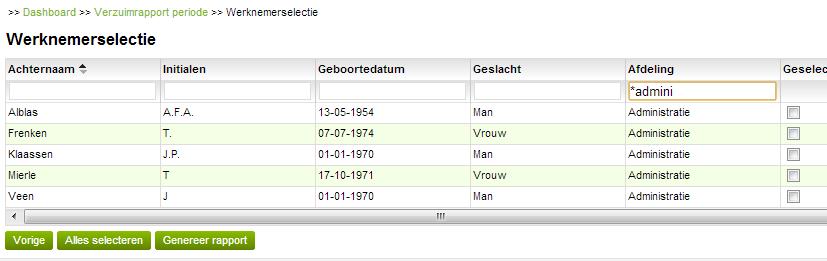 Selecteer de werknemer(s) van wie u een verlofrapportage wilt maken. Wanneer alle werknemers in de verlofrapportage moeten staan, klikt u onderaan op alles selecteren.