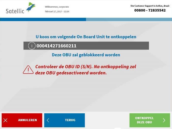 8. Gelieve de OBU ID te controleren en daarna op ONTKOPPEL DEZE OBU te klikken. 9.