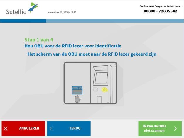 10. Plaats uw OBU voor de RFID lezer voor identificatie. Het scherm van de OBU moet naar de RFID lezer gericht zijn. 11.