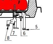 4.3 Wateraansluitingen Figuur 4-2 Nummering van de wateraansluitingen 4.3.1 Aansluiting kud water Verwijder de stfdp p de aansluiting kud water (5) van de lichtbiler.