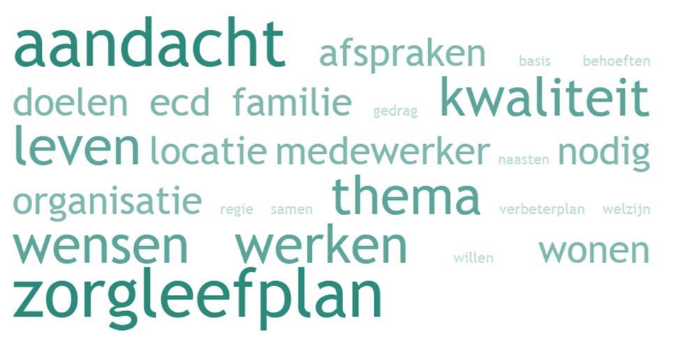 Thema 1 Persoonsgerichte zorg en ondersteuning Figuur 4: Meest voorkomende woorden thema 1 (DAAT 2019) 7 Persoonsgerichte zorg en ondersteuning is in het kwaliteitskader opgebouwd uit vier thema s