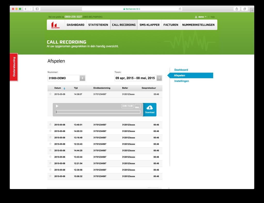 Beluister opgenomen gesprekken Door de functie gesprekken opnemen in te schakelen vindt u in de online beheeromgeving de opnames op