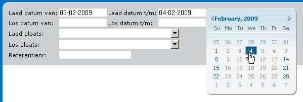 Bij het klikken op 1 van de datum velden komt er een kalender op zoals in onderstaande screenshot. In het zoekveld Referentienr kan worden gezocht op het gehele referentie nummer of delen hiervan.