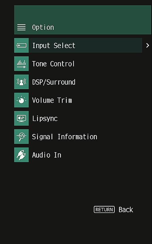 Weergave-instellingen configureren voor verschillende weergavebronnen (menu Option) Basisbediening van het menu Option LINK MASTER OUT STEREO TUNED ZONE SLEEP PARTY 2 A 3 B Hi -Res ENHANCER YPAO VOL.