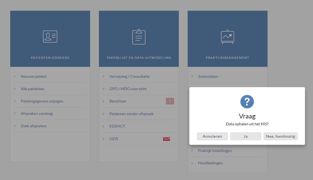 Vervolgens wordt de vraag gesteld of de gegevens geïmporteerd moeten worden uit het HIS.