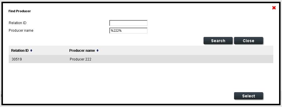 Vul de zoekcriteria in, klik op "Search" en selecteer de regel met de muis. Klik vervolgens op de knop 'Select'. Dit sluit de pop-up en het geselecteerde item wordt overgenomen in het invoerveld. 2.