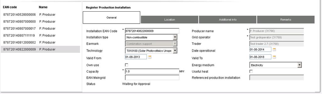 4.2.1 Details Production Installation De details van een productie-installatie kunnen worden bekeken door vanuit de zoekresultaten in het zoekscherm op 'Details' (rechtericoontje) te klikken. 4.2.2