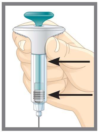 Als de injectie klaar is, moet u de groenblauwe zuigerstang in de cilinder zien, zoals getoond. Verwijder de naald uit uw huid en laat de huid rustig los. Doe de naalddop niet terug op de spuit.