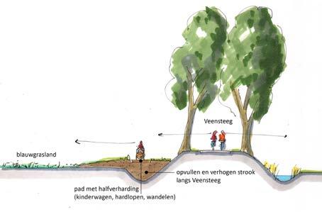 Het voorstel is om een vrijliggend, licht slingerend wandelpad langs de Veensteeg aan te leggen op of langs de te dempen bermsloot.