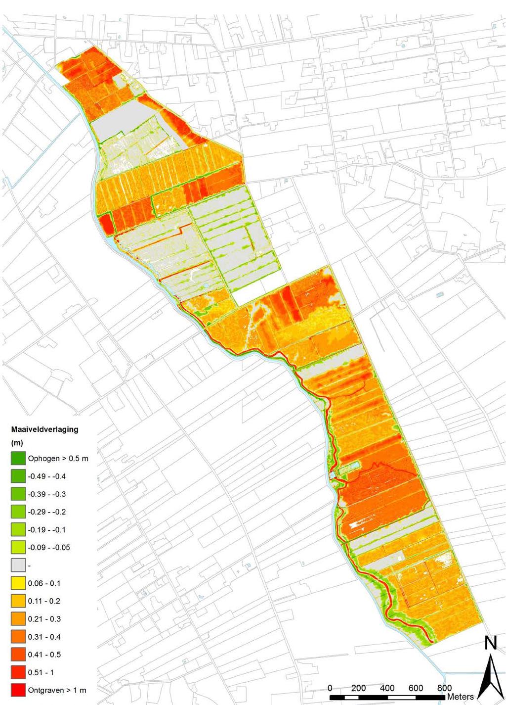 Figuur 6.10. Kaart ontgravingsdiepte in de verschillende delen van de Binnenveldse Hooilanden. Bijlage 11.16: Scenario E: verandering landbouwnatschade [%] Bijlage 11.