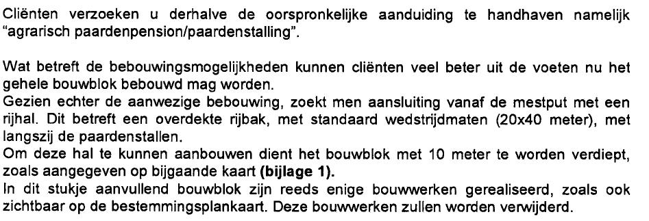 De vigerende planologische situatie betreft als gesteld een paardenpension/stalling. Het bestemmingsplan wordt hierop aangepast zodat de situatie overeenkomt met de vigerende planologische situatie.