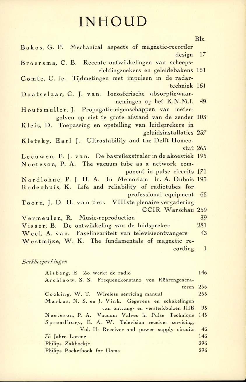INHOUD B a k o s, G. P. Broers m a, C. B. Comte, C. Ie. Blz.