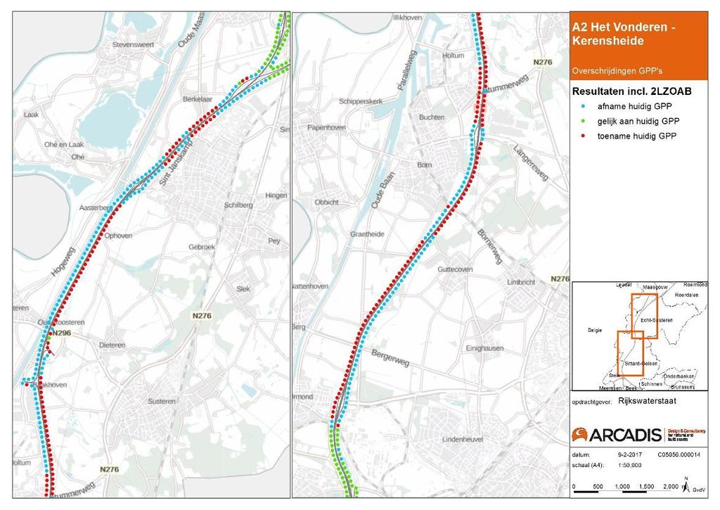 In Figuur 10 is weergegeven op welke referentiepunten nog een overschrijding van het geluidproductieplafond zou optreden door de uitvoering van het project, inclusief stiller wegdek.