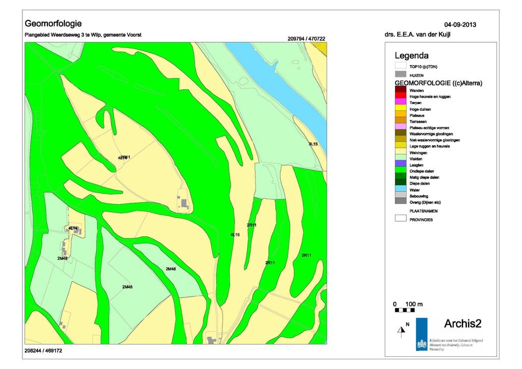 Afbeelding 2: Geomorfologische kaart met de situering van het plangebied binnen het rode kader Bodem De bodemkaart typeert het bodemtype in het onderzoeksgebied als ooivaaggronden (Rd10A).