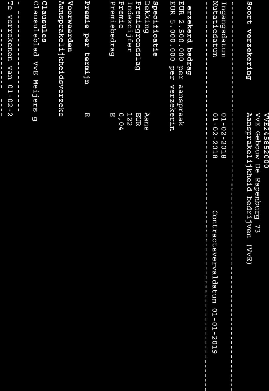 per aanspraak, gemaximeerd tot EUR 5.000.000 per verzekeringsjaar Specificatie Dekking Aansprakelijkheid VvE Premiegrondslag EUR 5.000.000 Indexcijfer 122,9 (Opstal-bron: Troostwijk Groep BV Premie 0,0400 o/oo per jaar Premiebedrag EUR 200,00 Premie per termijn EUR 242,00 (mcl.
