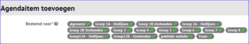 in het menu. Stap 2: Nieuw agenda-item maken Klik op de knop + Nieuw agendaitem Stap 3: Groepen aanvinken Kies één of meerdere groepen bij: Bestemd voor Algemeen = Alle groepen.