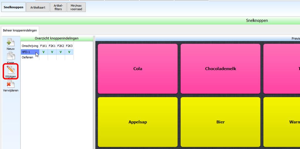 4.3 Artikelknop wijzigen Ga in het hoofdmenu naar Beheer Tabblad Artikelen Subtabblad Snelknoppen: Selecteer de knoppenindeling en druk op links op Wijzigen.