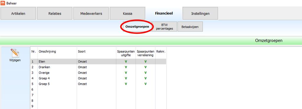 6 Omzetgroepen Een omzetgroep is hetgeen waaronder de omzet verdeeld wordt. U zult in uw omzet overzichten dus een splitsing van de omzetgroepen vinden. Deze omzetgroepen zijn door u aan te passen.