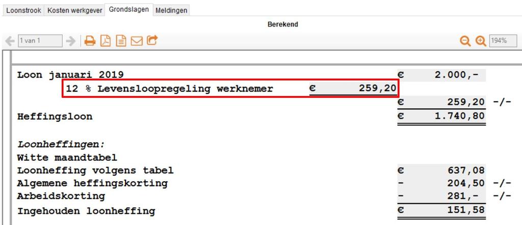 Grondslagen In dit voorbeeld toont het tabblad 'Grondslagen' het volgende: Afbeelding: Loonberekening, Grondslagen, Levensloopregeling, Inleg Zoals gezegd: de inleg voor de levensloopregeling vormt