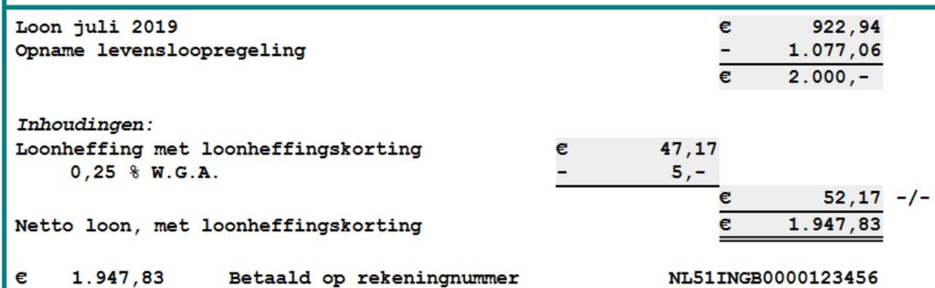 Loonberekening, Loonstrook In dit voorbeeld ziet de 'Loonstrook' er voor juli 2019 zo uit: Afbeelding: Loonberekening, Grondslagen, Levensloopregeling, Opname Loonberekening, Grondslagen Het tabblad