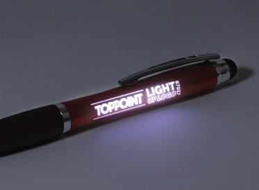 DESIGNED BY TOPPOINT 87027 NEW 87778 NEW 87027 BALPEN LIGHT UP LOGO Balpen met draaimechanisme en rubberen grip inclusief stylusfunctie.