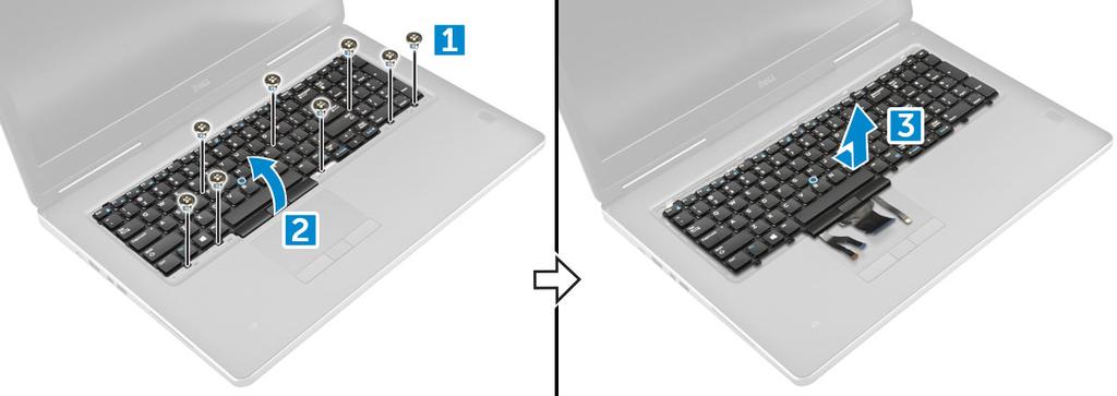 a Verwijder de M2.0x2.5 -schroeven waarmee het toetsenbord aan de computer is bevestigd [1]. b Til het toetsenbord omhoog en schuif het uit de computer [2, 3].