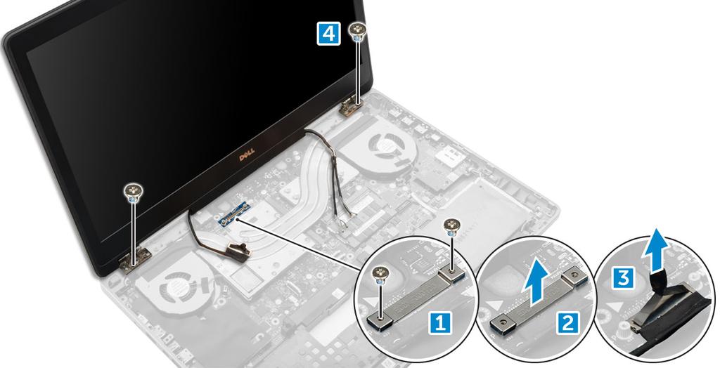 4 U koppelt de antennekabels als volgt los: a Leg de computer op zijn kop en verwijder de M2.0x3-schroeven uit de computer [1]. b Trek de antennekabels door de geleidingsopening omhoog [2].