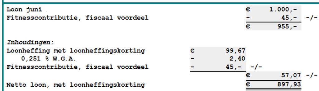 Het netto loon ( 897,93) pakt in dit voorbeeld maandelijks 3,86 hoger uit dan zonder de Uitruil bruto loon 'Fitnesscontributie, fiscaal voordeel' ( 894,07): Afbeelding: Loonberekening, Gevolgen