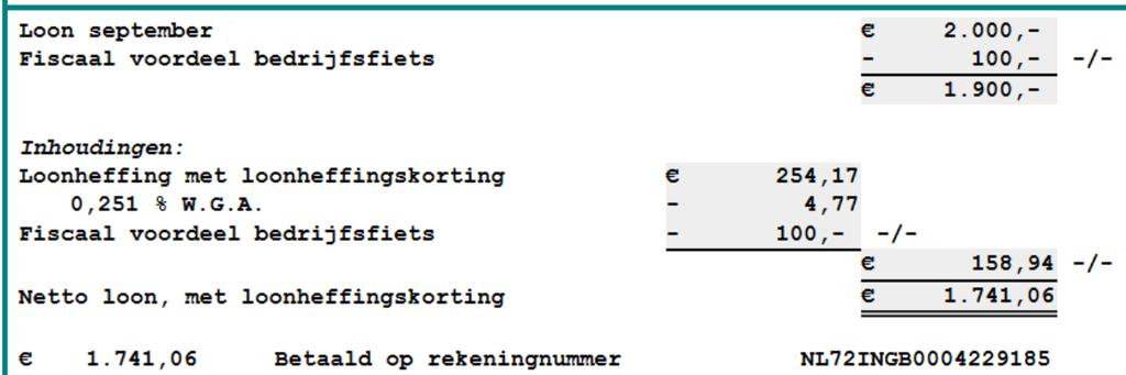 Afbeelding: Loonberekening, Gevolgen toeslag 'Uitruil bruto loon', en 'Nooit belast' (Fiets van de zaak) Die 45,95 is dus zeven maanden lang het fiscale voordeel dat deze werknemer geniet.