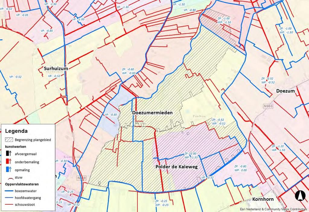 Figuur 2-5 Overzicht peilgebieden (in het oosten van Polder de Kaleweg is een vast streefpeil van NAP 1,22 m van toepassing) 2.