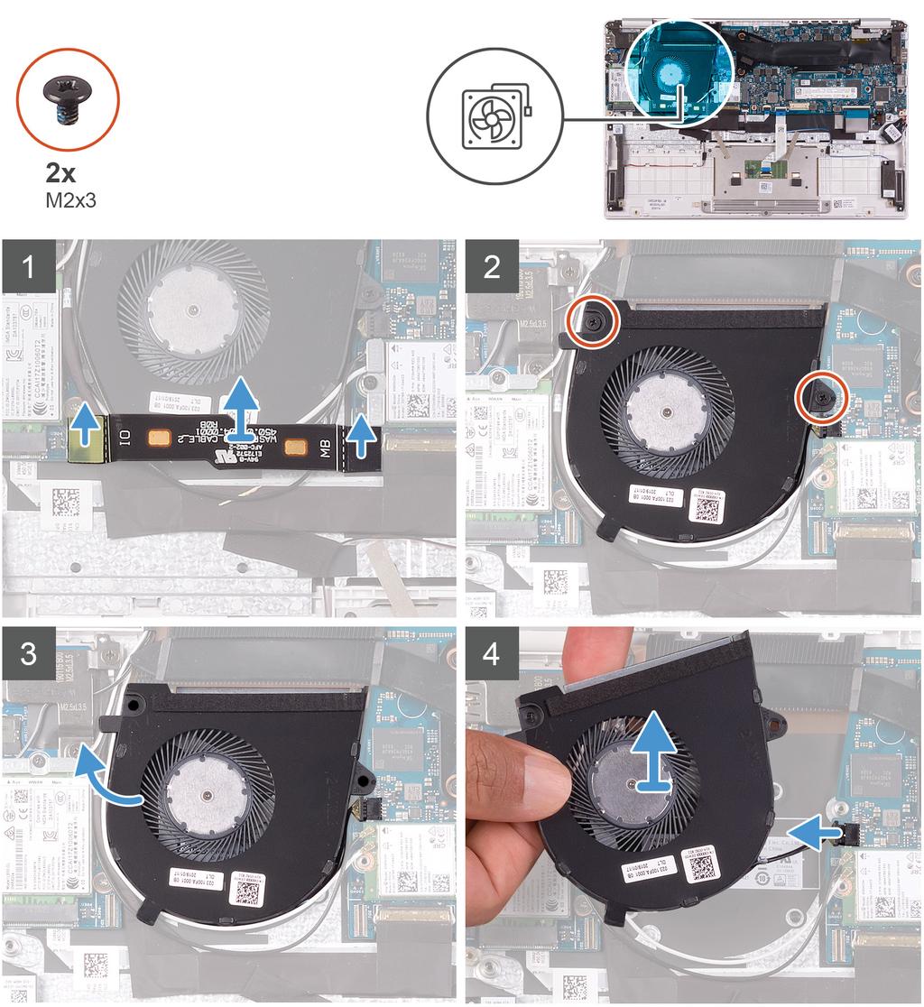 De volgende afbeelding geeft de locatie van de ventilator aan en biedt een visuele weergave van de verwijderingsprocedure.