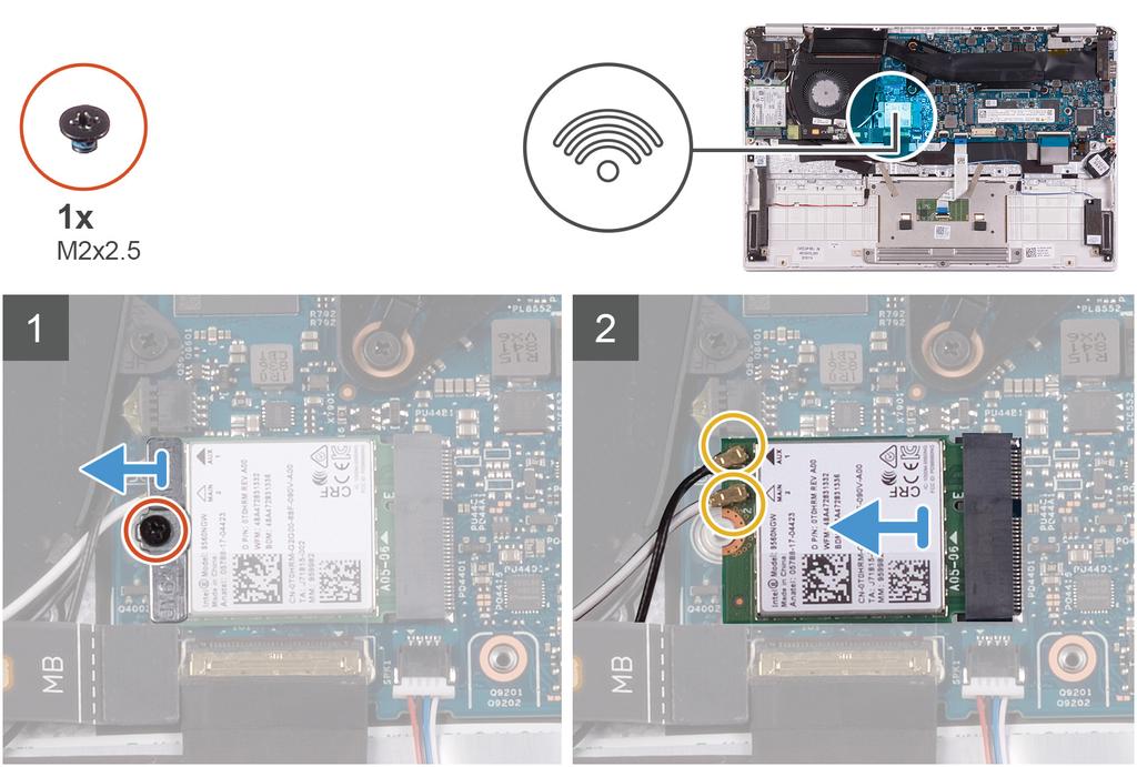 4 Sluit de luidsprekerkabel aan op het moederbord. 5 Sluit de touchpadkabel aan op het moederbord en sluit de vergrendeling om de kabel te vergrendelen. Volgende stap 1 Plaats de batterij.