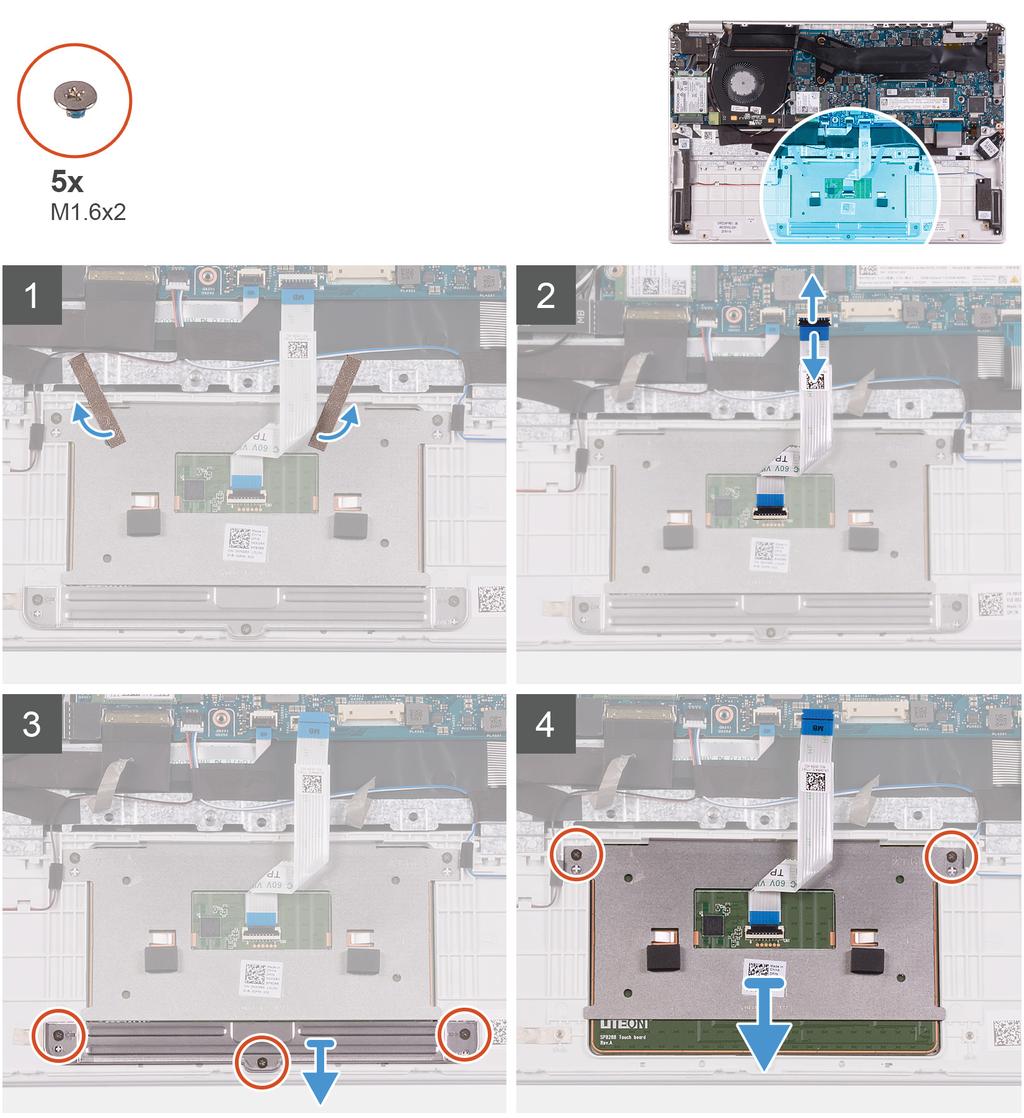 1 Verwijder de tapes waarmee de touchpad aan de polssteun- en toetsenbordeenheid is bevestigd. 2 Open de vergrendeling en koppel de touchpadkabel los van het moederbord.