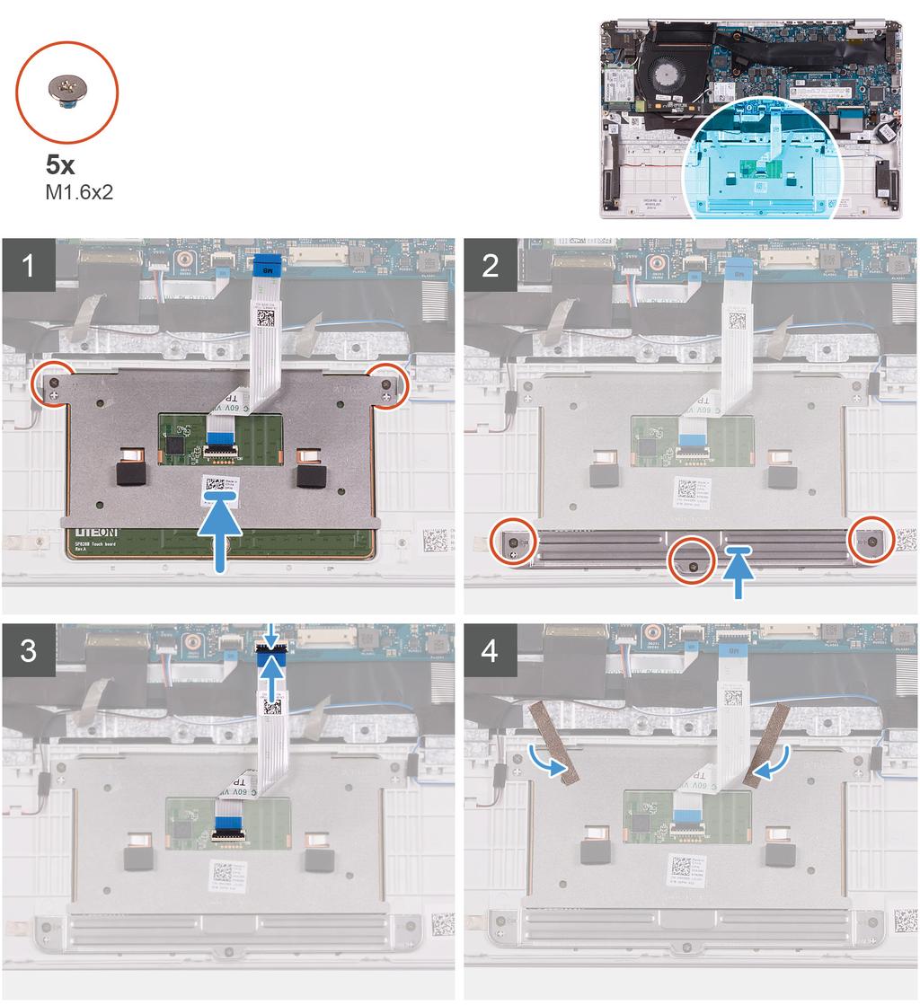 1 Lijn de touchpad uit en plaats die in de sleuf op de polssteun- en toetsenbordeenheid. 2 Plaats de twee (M1.