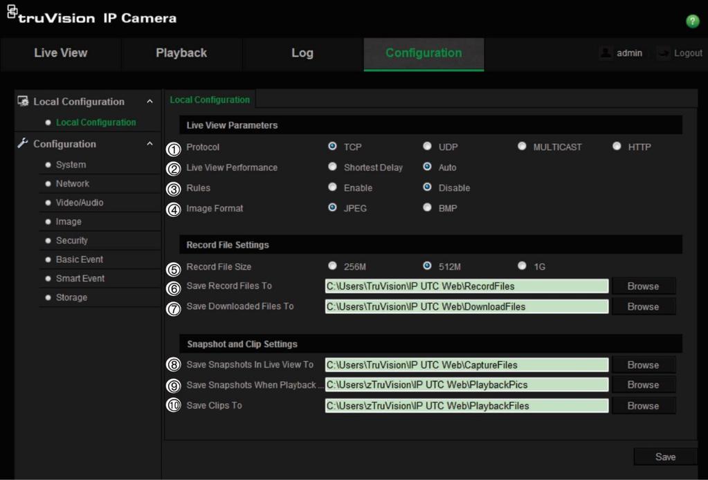 Afbeelding 3: Voorbeeld van het venster Lokale configuratie Parameters Omschrijving Live view-instellingen 1. Protocol Hier wordt het gebruikte netwerkprotocol opgegeven.