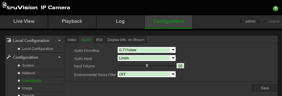 Audio-instellingen configureren: 1. Klik in de menuwerkbalk op Configuration (Configuratie) > Video/Audio (Video of audio) > Audio (Audio). U kunt als volgt de ROI-instellingen configureren: 1.