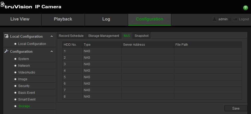 Afbeelding 17: NAS-menu U stelt als volgt een NAS-systeem in: 1. Klik in de menuwerkbalk op Configuration (Configuratie) > Storage (Opslag) > NAS. 2.