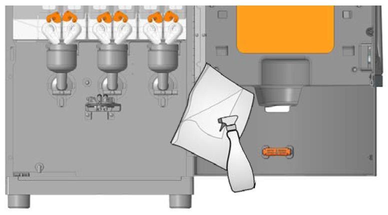 Materialen: Papieren handdoekjes, borstels, schoonmaakmiddel en ontsmettingsmiddel. ELKE 24 UUR Handmatig schoonmaakproces. C. Drankafgiftegebied en buitenkant van de machine. 1. Open de deur. 2. Reinig en/of desinfecteer volgens het verplichte schoonmaak- en desinfectieschema op pagina 16.