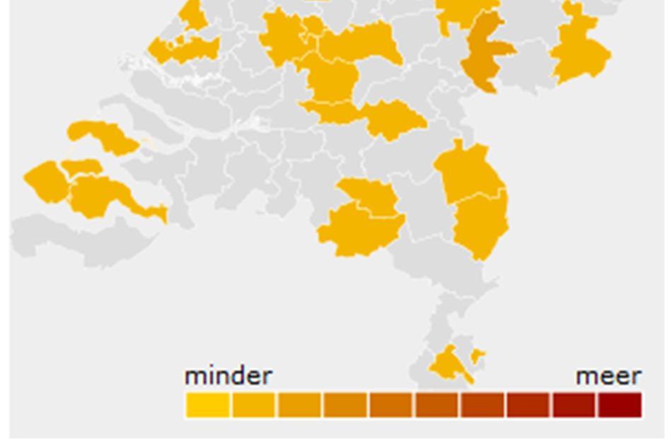 Figuur 1 Geografische spreiding aantal deelnemende oefentherapiepraktijken NIVEL Zorgregistraties, 2014* * meer betekent meer deelnemende oefentherapiepraktijken in een regio (ongewogen voor de