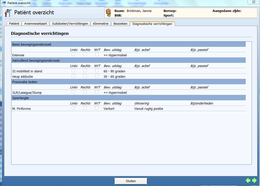 Tabblad Diagnostische Verrichtingen (Onderzoek) Hierin staat het gehele onderzoek schematisch weergegeven.